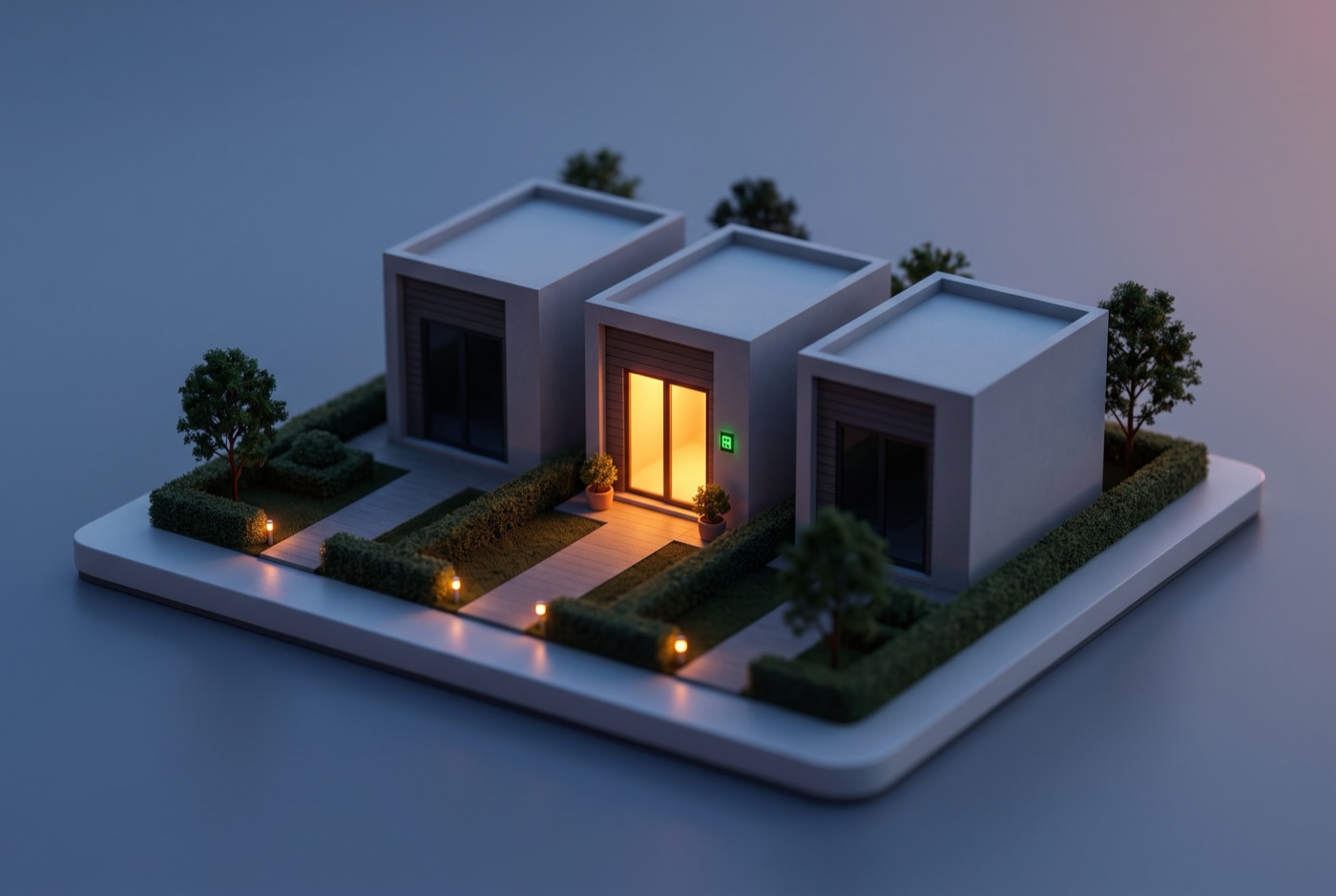 Diorama of three studio units — the middle door lit, with a green access light