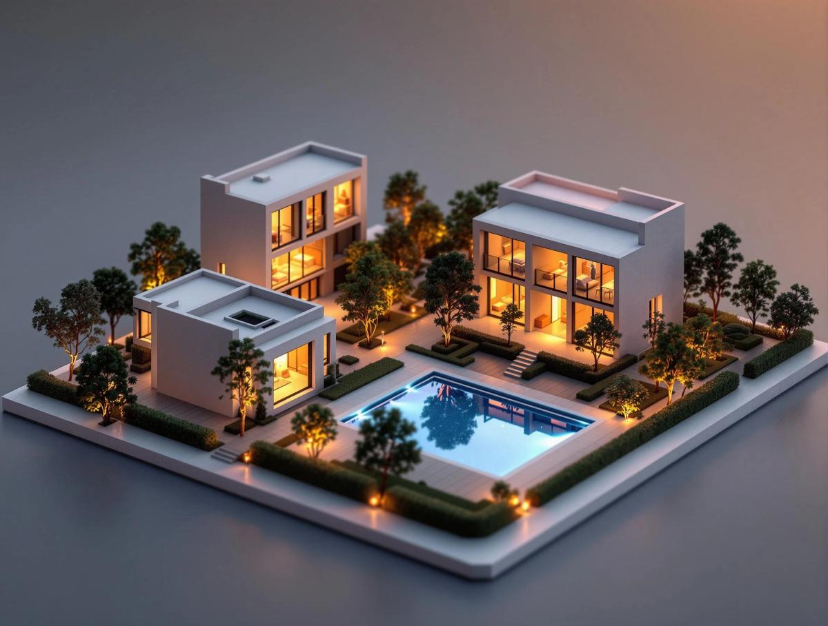 Visualisation of an automated hotel ensemble at dusk