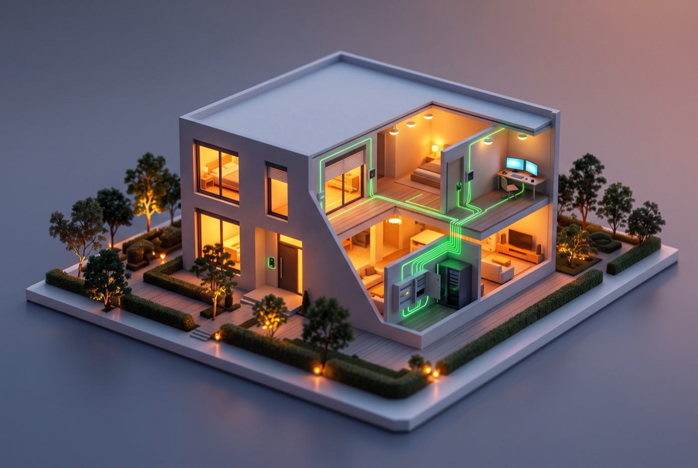 Diorama of a smart home with an open facade and green glowing automation wiring